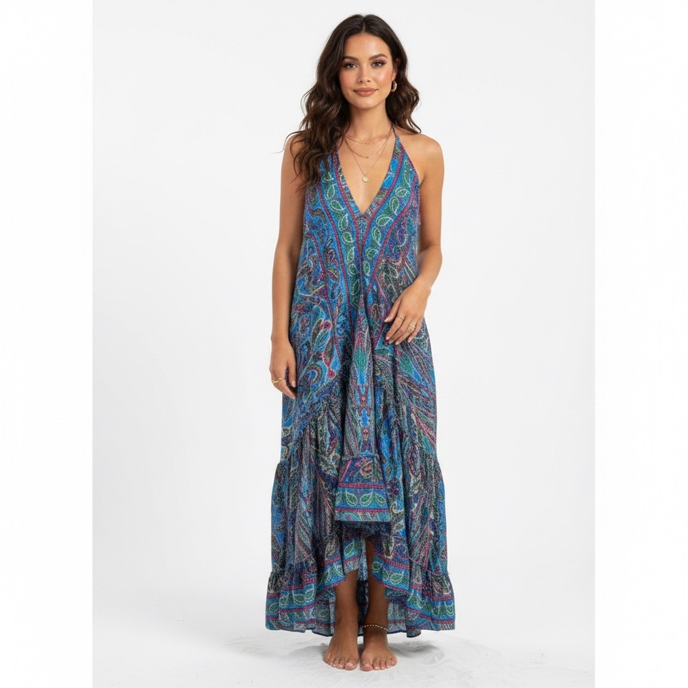 Silk Maxi Dress Scarf Paisley Blend Boho Halter Handkerchief Vacation Hippie S/M
